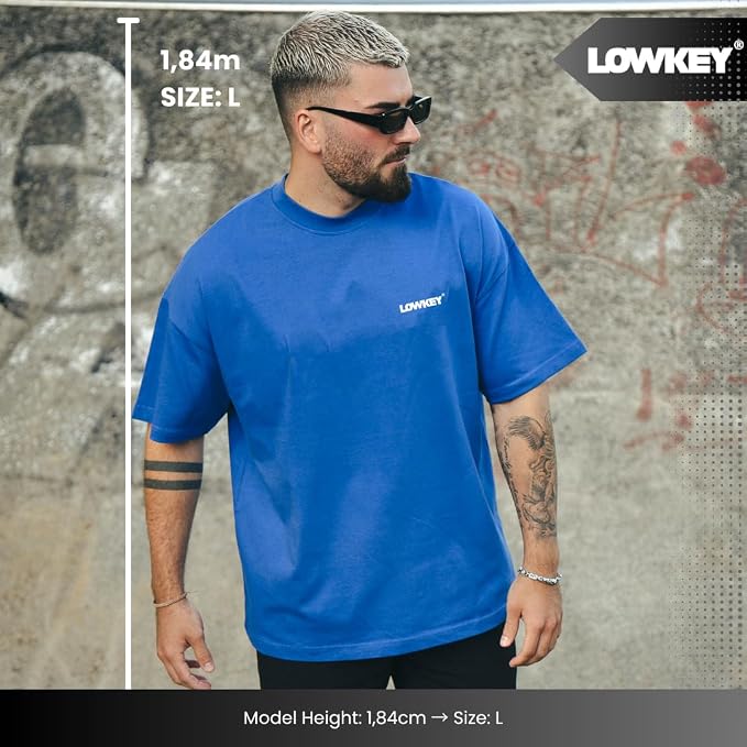 Lowkey® Heavy Oversized Plain Tee – Passform am Model, 1,84 m groß, Größe L (Beispielbild in anderer Farbe)