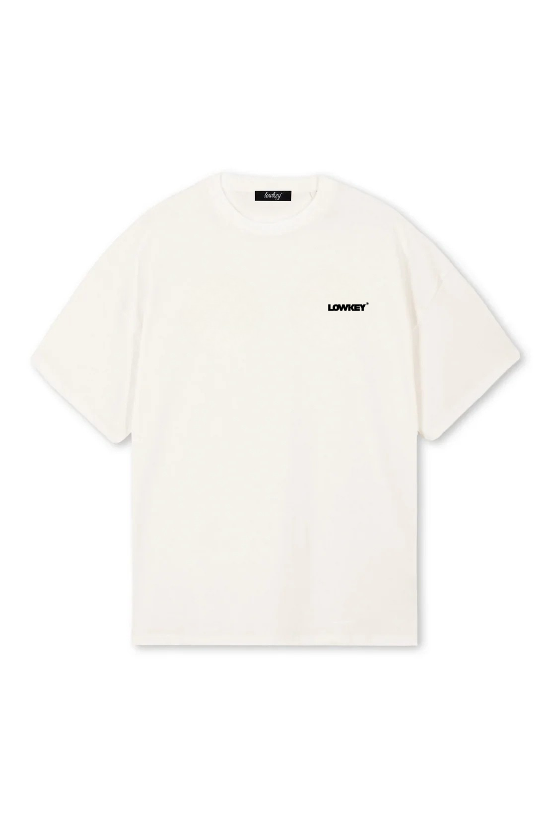 Lowkey® Heavy Oversized Plain Tee Vintage White – Vorderansicht mit LOWKEY-Print auf der Brust