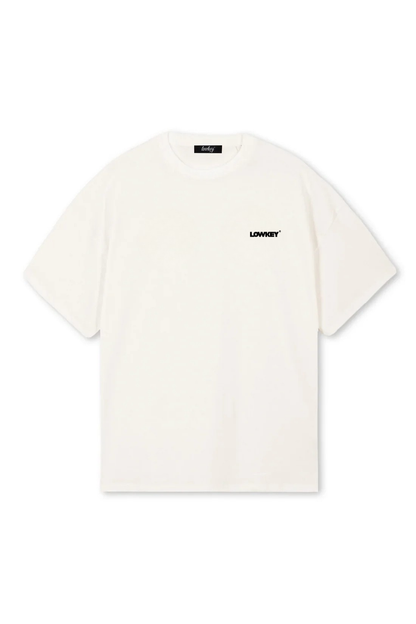 Lowkey® Heavy Oversized Plain Tee Vintage White – Vorderansicht mit LOWKEY-Print auf der Brust