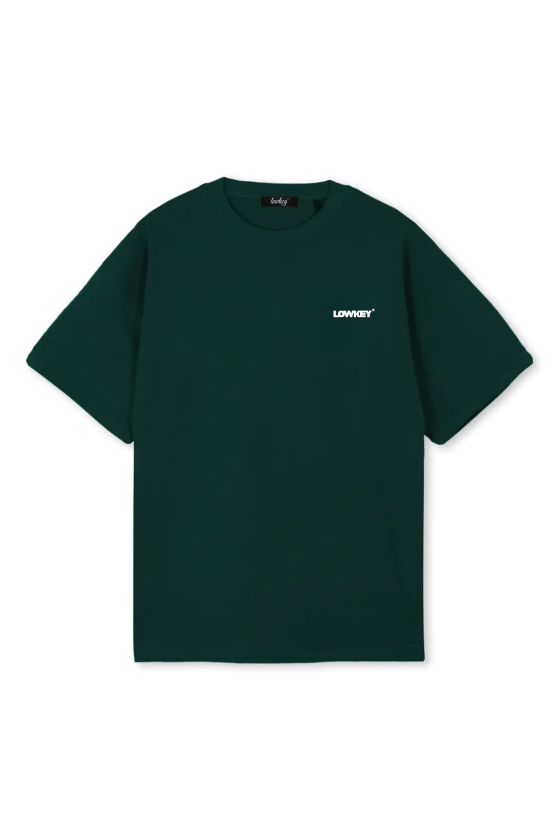 Lowkey® Heavy Oversized Plain Tee Dunkelgrün – Vorderansicht mit weißem LOWKEY-Print auf der Brust