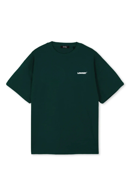 Lowkey® Heavy Oversized Plain Tee Dunkelgrün – Vorderansicht mit weißem LOWKEY-Print auf der Brust